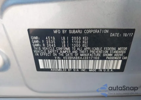 2018 Subaru Legacy 2.5I из США, поврежденный, VIN 4S3BNAB64J3017160